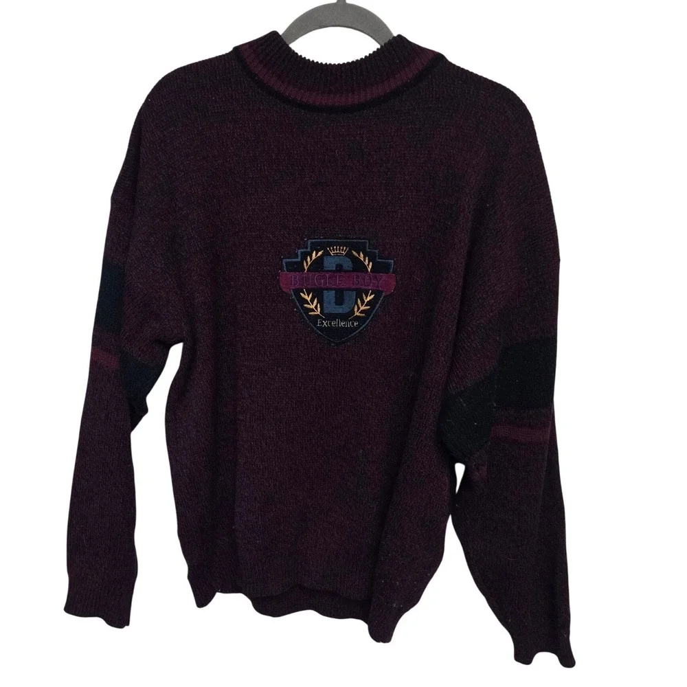 Vintage 90s Bugle Boy Mens Sweater Burgundy Colorblock Logo Pullover Size Medium